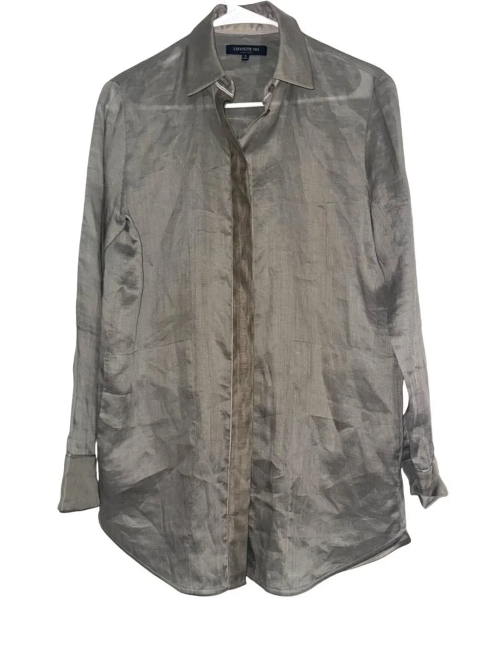 Lafayette 148 New York Womens Long Button-Up Shirt P Taupe Ramie/Tencel - Picture 2 of 8